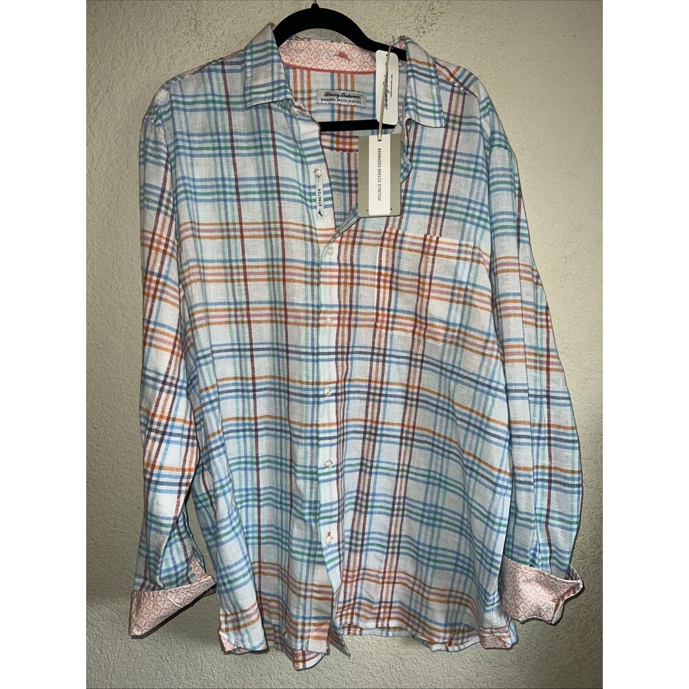 Tommy Bahama Barbados Breeze Stretch Plaid Linen Shirt Long XL Flip Cuff Tropica